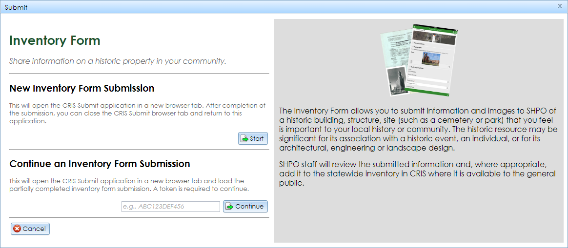 The Inventory Form Submit window, showing the menu on the left and the submission type description on the right.