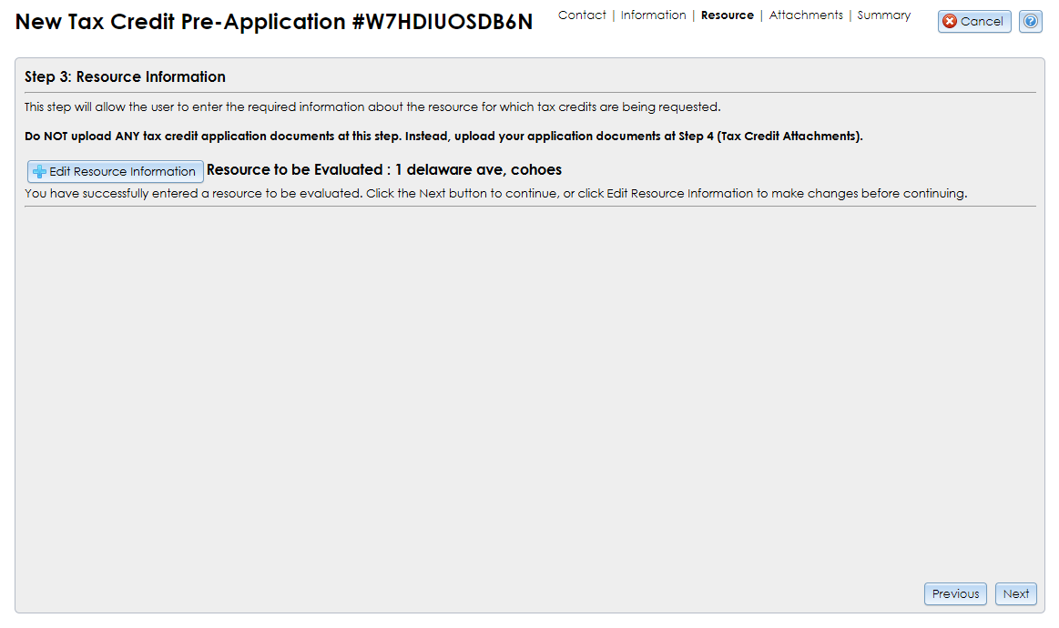 The Resource Information step of the Commercial Tax Credit Pre-application Wizard contains a button for launching the Built Resource Wizard.